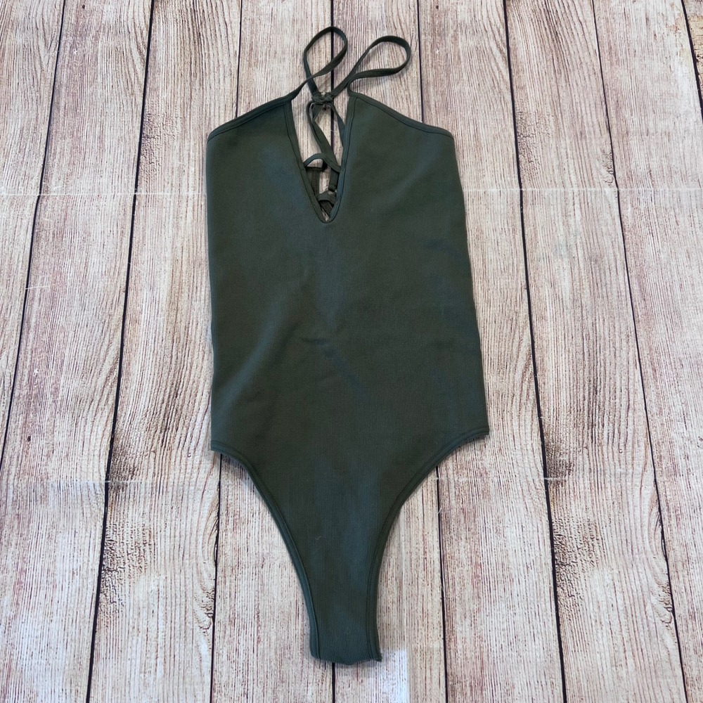 FP Movement Free People Olive Lace Up V-Neck Ribbed Bodysuit XS/S OB1104386